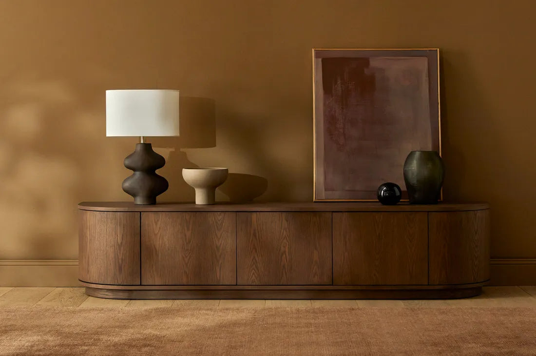 Oberon Crescent Entertainment Unit Smoked Ash 2100mm